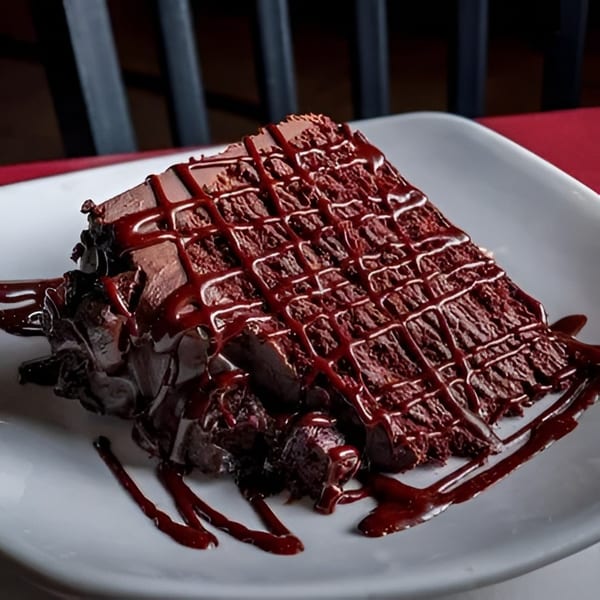 A rich chocolate cake slice with chocolate frosting and a berry drizzle on a white plate.