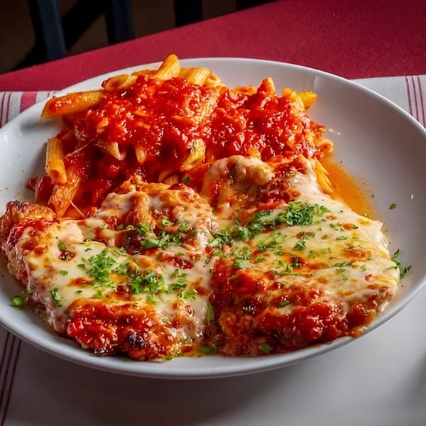 Chicken parmesan with penne pasta in red sauce, topped with melted cheese and parsley.