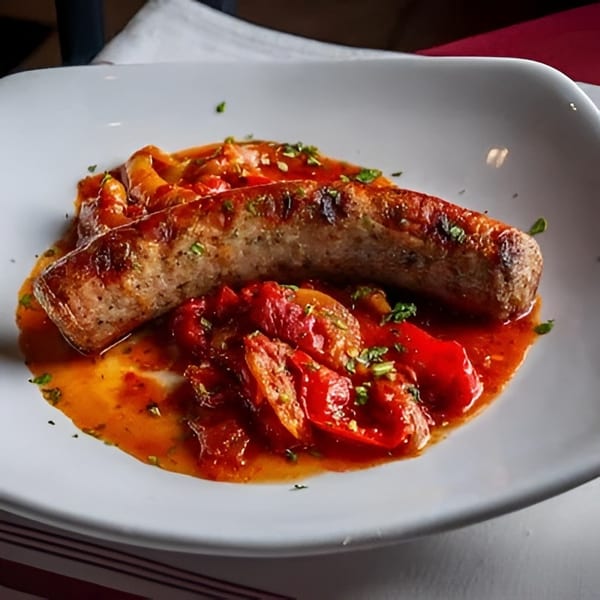 Grilled sausage with roasted red peppers and tomatoes in a rich sauce, garnished with herbs.