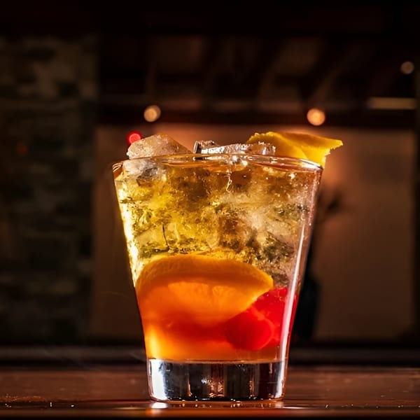 A vibrant cocktail with ice, orange slice, and cherry, garnished with a lemon peel.
