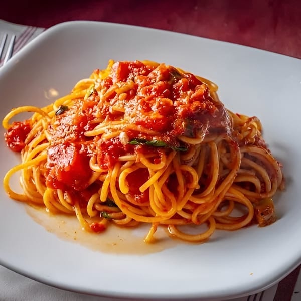 Spaghetti with chunky tomato sauce and grated cheese on a white square plate.