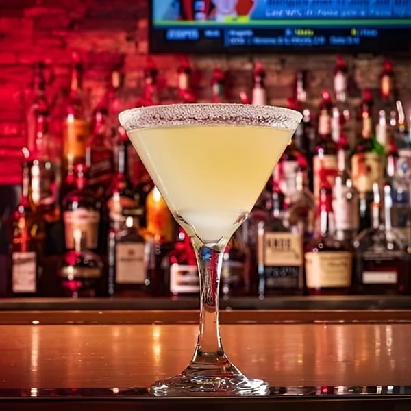 A martini glass with a light yellow drink and a sugared rim sits on a bar.