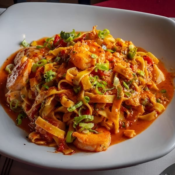 Shrimp fettuccine pasta in a creamy red sauce, garnished with green onions in a white bowl.