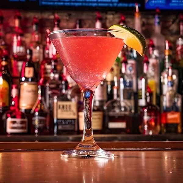 A vibrant red cocktail with a lime wedge sits on a bar, with liquor bottles blurred in the background.